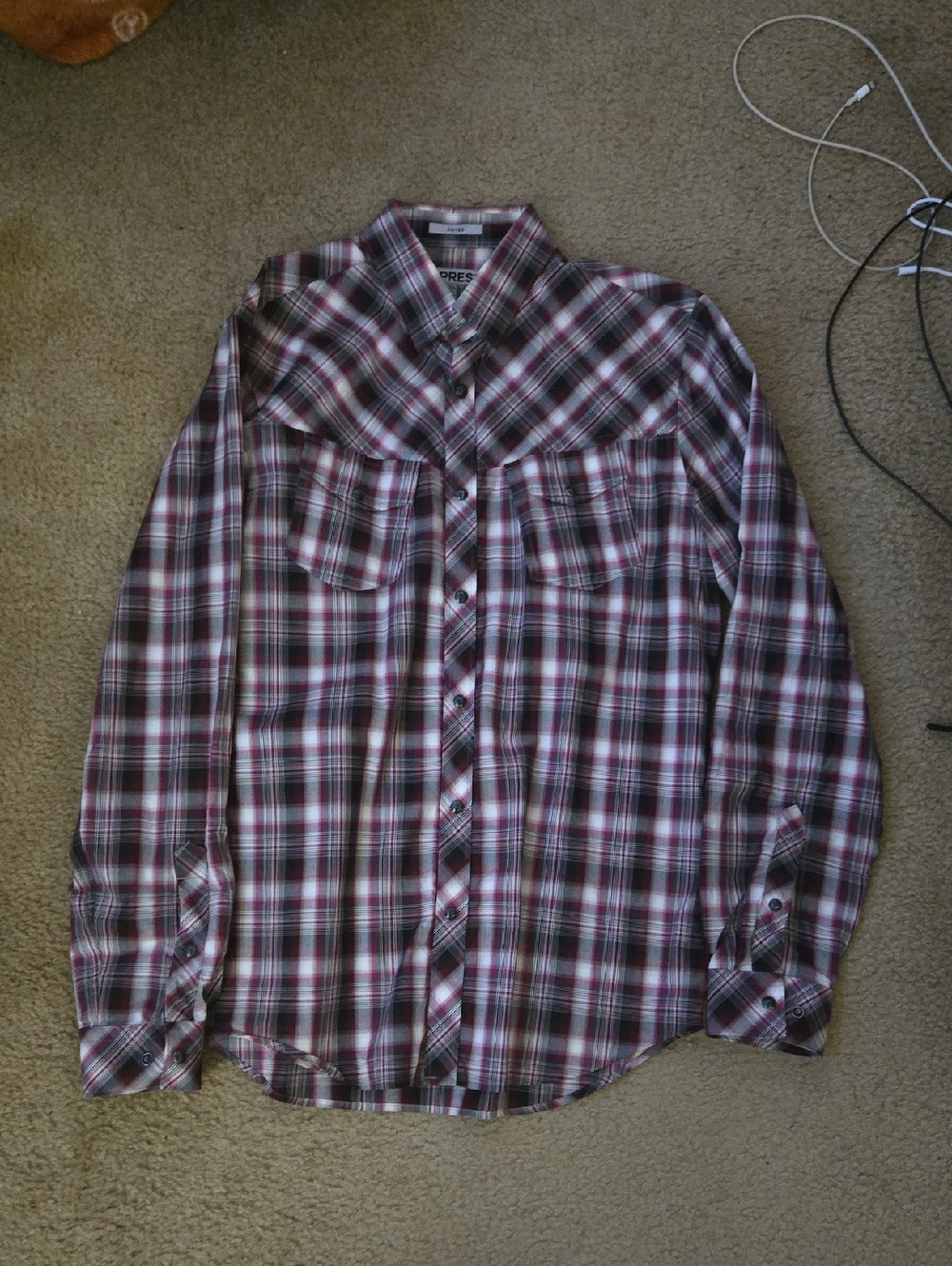 Express Men's Plaid Button-Down Shirt in Maroon, Black and White